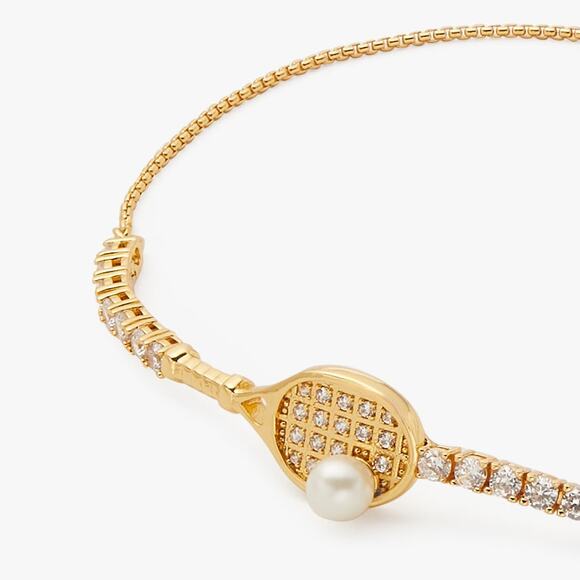 Kate Spade Queen Of The Court Tennis Slider Bracelet Racket Line Gold Pearl Pave - Picture 6 of 9